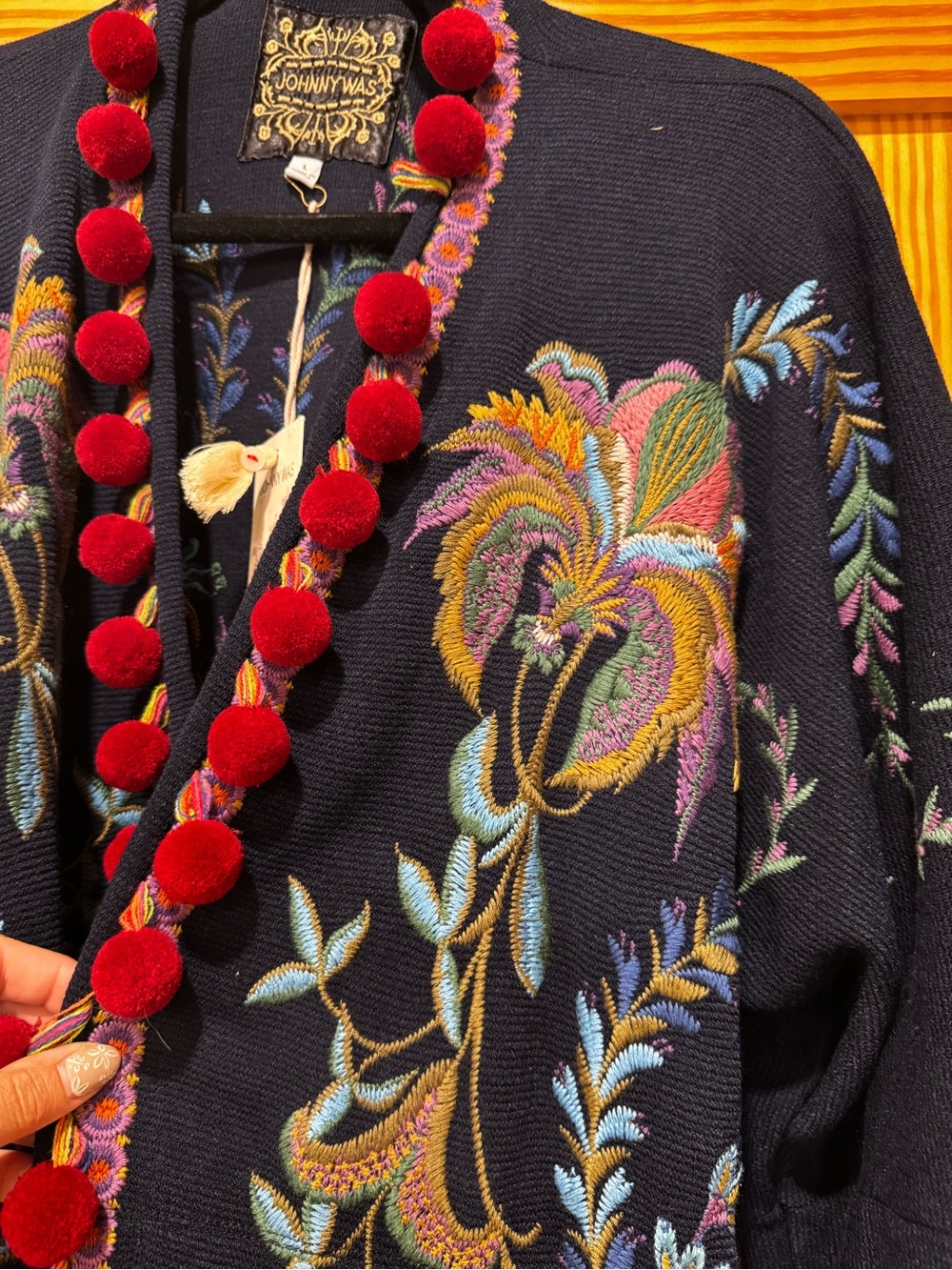 Johnny Was Navy Embroidered Kimono Cardigan with Red Pom Accents - Picture 8 of 11
